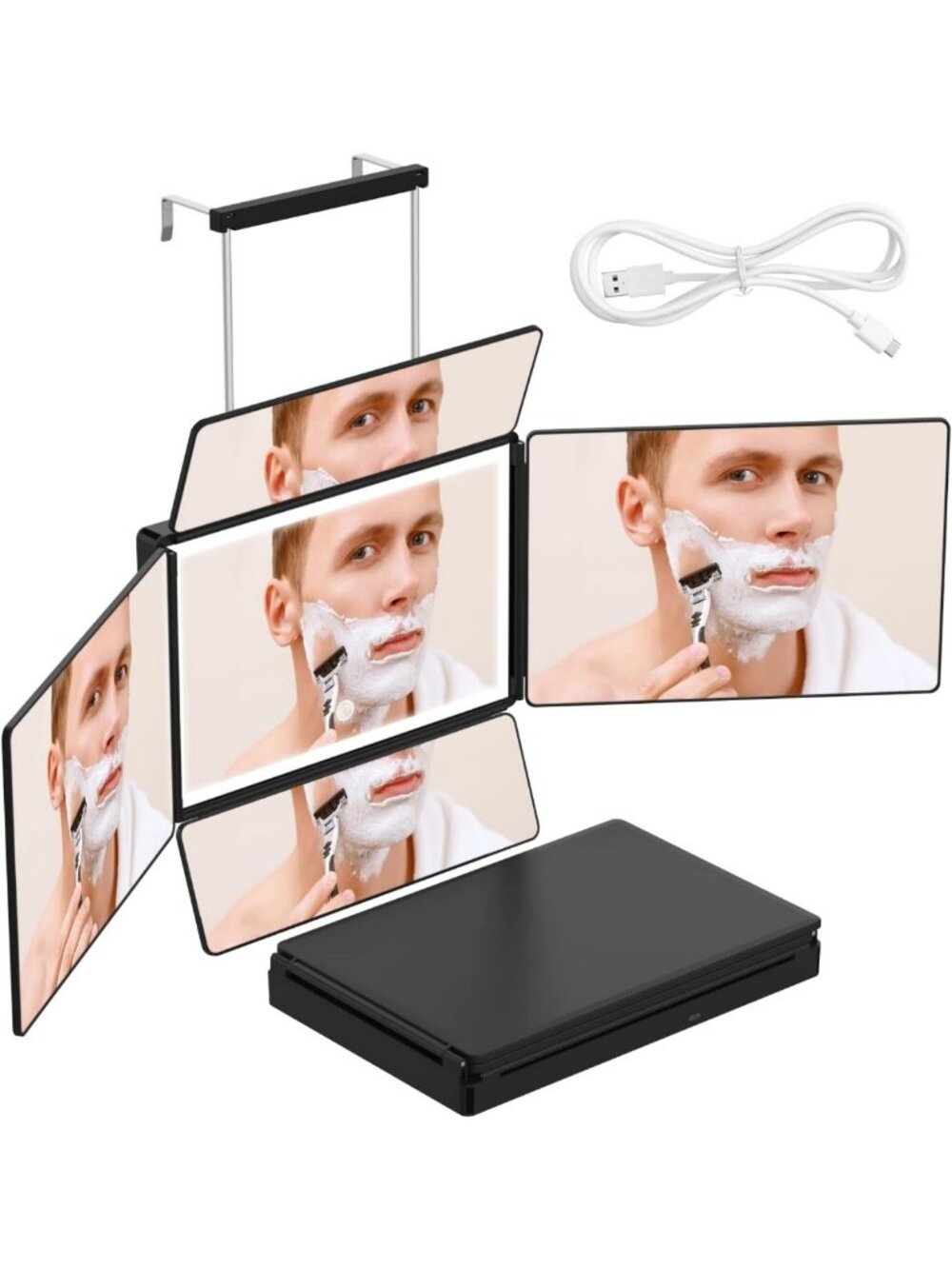 360° Adjustable 5-Way Mirror for Hair Cutting & Braiding, Anti-Fog HD Glass, USB